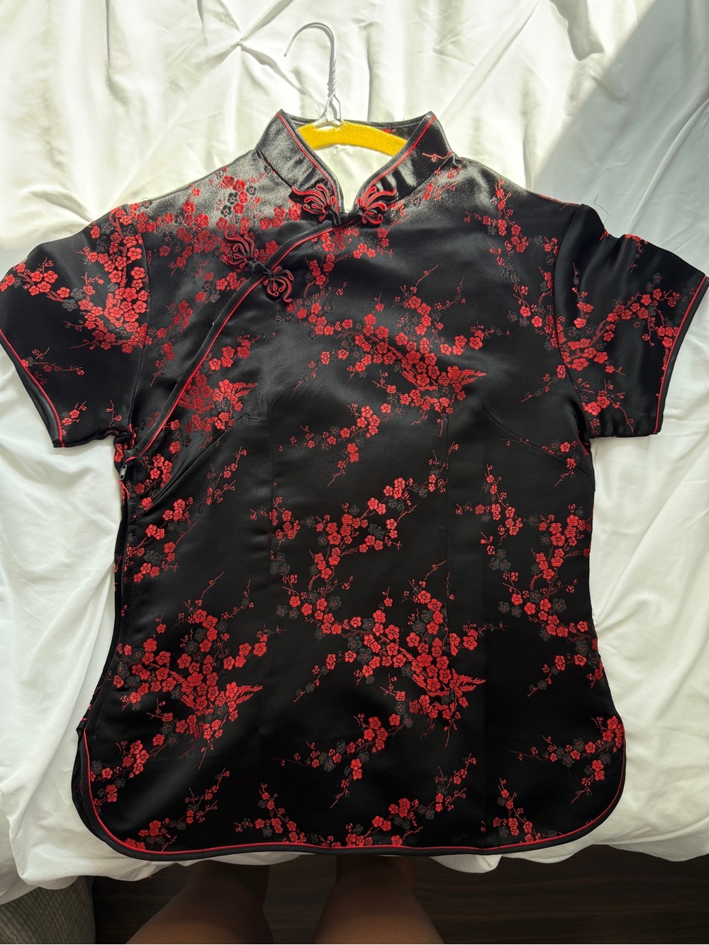 Black & Red Floral Mandarin Collar Shirt Silk Chinese Traditional Wear Satin